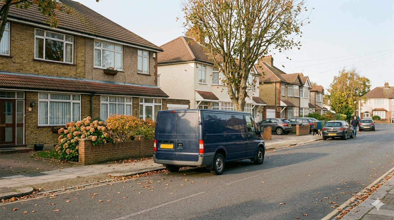 Unmarked ISOS Cleaning vehicle, parked discreetly outside a residential property