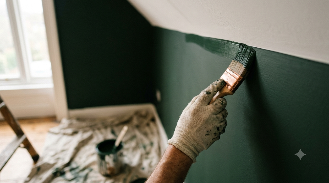 Painting and decorating Nottingham — cutting in a crisp edge where a green wall meets a white ceiling