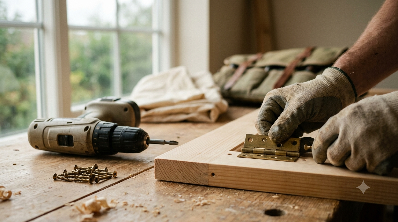 Handyman services Nottingham — fitting a brass hinge to a door with a cordless driver
